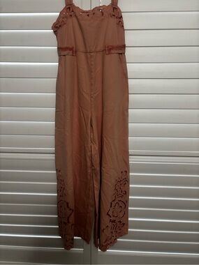 Free People Women's rose pink embroidered and cutout Wide-Leg overalls